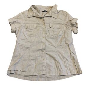Reitmans Tan Button-Down Shirt with Pockets - Roll-Tab Sleeves - Size L/G